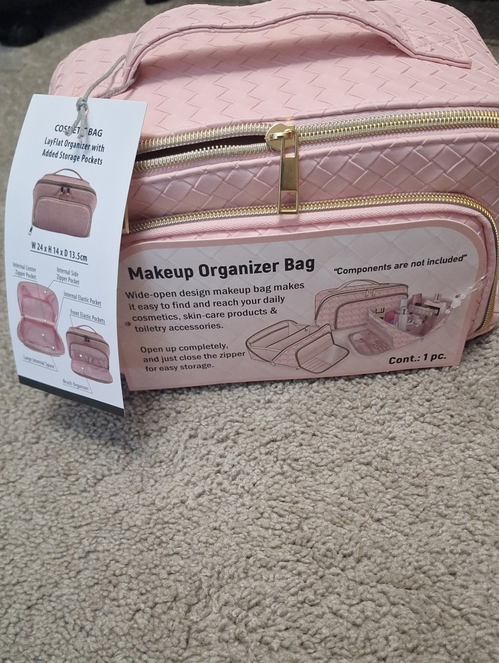 Pink Woven Makeup Organizer Bag